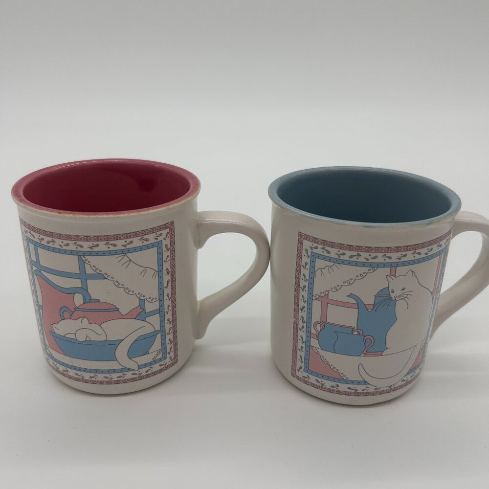 Lot of 2 Vintage Kitty Cat Coffee Mug Country House Ceramic House of Lloyd